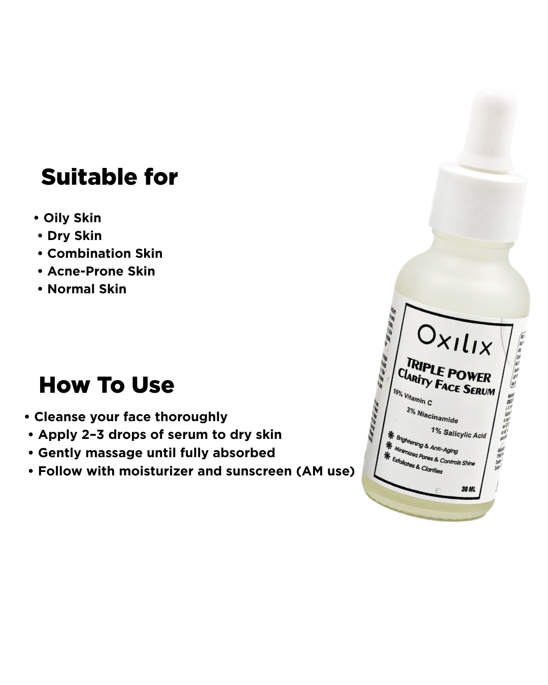 OXILIX 10% Vitamin C, 3% Niacinamide and 1% Salicylic Acid Serum